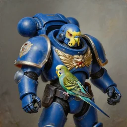 a portrait of a Budgerigar as a Space Marine from the Warhammer 40k, ultramarine space marine Budgerigar, blue armor, glorious, masterpiece painting by Rembrandt, Melopsittacus undulatus