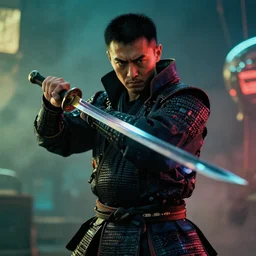 old photo of a cyberpunk samurai inspecting his sword