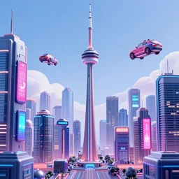 Neon cyberpunk cityscape of Toronto with flying cars and advertisement screens, Blender 3D, Unreal Engine, 8k, by Jordan Grimmer and Andrea Pozzo
