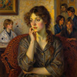 portrait in femininity, thoughtful face, warm glow, cozy room bathed in light, captured memory, recollection, impressionism, woven textiles, stucco wall, radiosity, pj crook, terrazzo, alphonse mucha, livia prima, artgerm, greg rutkowski, nick alm, carol bak, deep color, oil on canvas