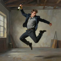 a painting of a portrait of a male model boisterously dancing around the room by himself holding an empty wine bottle as he jumps in the air in a (warehouse), striking artistic concept, perfect composition, detailed facial expression, fine detail, dramatic lighting, award-winning photo UHD, 4K