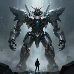 an award winning portrait of a gigantic mecha cyborg entity, silhouette of a little man below, darksynth, ominous, ethereal, misty, volumetric fog, beautiful specular illumination, smooth, dynamic, artstation, epic fantasy, by greg rutkowski, artgerm, 8 k