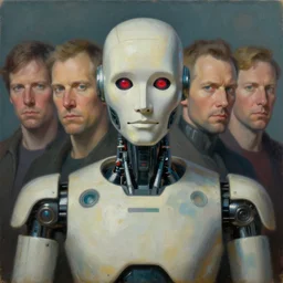 friendly humanoid cyber robot, award winning, portrait bust, symmetry, faded colors, cypherpunk background, tim hildebrandt, wayne barlowe, bruce pennington, donato giancola, larry elmore, masterpiece, trending on artstation, cinematic composition, beautiful lighting, hyper detailed!!!, 8 k, oil on canvas