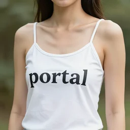 woman wearing a white camisole with the word portal printed on it
