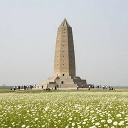 people gathered around an enormous, ziggurat in the foreground of a meadow of daises, visible horizon, flat grey sky