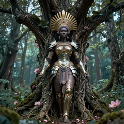 hyperrealistic post - renaissance cinematic super expressive! yoruba goddess with exoskeleton armor, merging with tree in a forest, pink flowers, highly detailed digital art masterpiece, smooth cam de leon eric zener dramatic pearlescent soft teal light, ground angle hd 8 k, sharp focus
