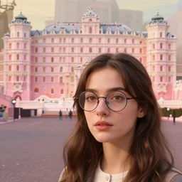 cinematic mid shot of a high detail, pretty young, woman's face looking off camera, with round glasses. fine facial features. she stands in an empty, ornate pastel colourful 3 d, paris street scene, by jeffrey smart and gregory crewdson and edward hopper, inspired by the grand budapest hotel