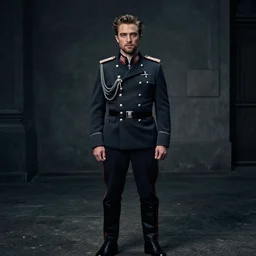 fullbody portrait of robert pattinson as ss standartenfuhrer, dramatic cinematic noir, no headdress, detailed, 8 k, by wes anderson and greg rutkowski