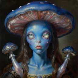 a baroque neoclassicist close - up portrait of a blue alien mushroom girl with big glowing eyes dripping in iridescent futuristic liquid chrome. renaissance portrait. highly detailed science fiction painting by norman rockwell, frank frazetta, and syd mead. rich colors, high contrast, gloomy atmosphere, dark background. artstation