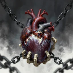 human heart in the hand of a skeleton, chains, darkness, mystery, scared, fantasy, dark, highly detailed, digital painting, concept art, sharp focus, illustration, epic light, artstation