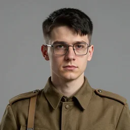 hearts of iron 4 leader portrait of a young man with black square haircut that goes down with square glasses, ww 2 solider uniform, democratic, trending on artstation, highly detailed, character portrait, ylva ljungqvist, custom portraits, paradox interactive