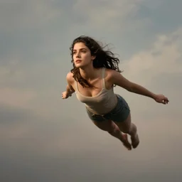 photo of beautiful young woman that can fly hovering a few feet off the ground by Emmanuel Lubezki