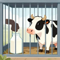 illustration of a cow inside a cage looking a milk box