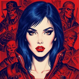 retro 7 0's badass spacegirl, beautiful portrait, centered face, by thomas river and mike huddleston, pascal blanche illustration, dark blue and red, hypermaximalist, peter mohrbacher, mike mignola, moebius, intricate ink illustration