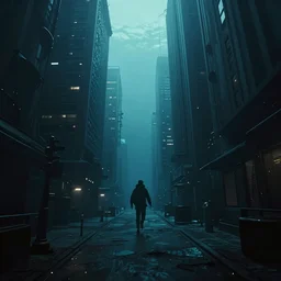 underwater city with ghosts roaming the empty streets between the tall skyscrapers, cinematic, dramatic lighting, 1 6 : 9 aspect ratio