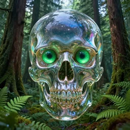 a clear glass skull floating in a rain forest with ferns and large cedar trees, beautiful green eyes reflecting a sky full of stars, hyper realistic, fractalart, art stati on, coherent design, symmetrical, vivid color, complementary color, golden ratio, detailed, sharp lines, intricate, rainbow shift, in unreal 3 d engine, nvidia optix, ray tracing, octane render