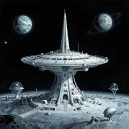 mysterious alien outpost on a distant planet in style of moebius and charles vess, very detailed, clean lines, atmospheric, vivid, wide angle
