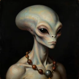 portrait painting of a tribal alien, by norman rockwell. muted colors, soft gradients. baroque period, renaissance masterpiece. black background. trending on artstation. retrofuturism.