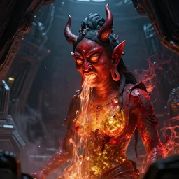 inside an an alien spaceship there is a buddhist female demon glowing in red, amber, golden and blood falling from its mouth, ultrarrealistic
