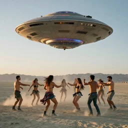a ufo hovering over people dancing at burning man festival