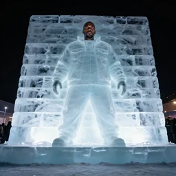 dramatic photo, the rapper'ice cube'carved out of ice, lit from bottom, full body, wide angle photo, award winning