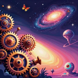 steampunk gears, enchanted alien world, galaxy in the sky, butterflies, occult, illuminati, third eye, bright colors, psychedelic, vector art, high contrast, fantasy poster by helen huang and frank frazetta and salvador dali and norman rockwell, anime style, 4 k
