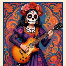 realistic detailed psychedelic poster art of a cute Día de los Muertos girl playing electric guitar by Victor Moscoso Rick Griffin Art Noveau, masterpiece