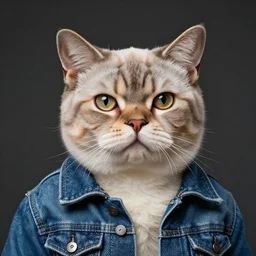 full head photo portrait of a cute wrinkle cat made of jeans jacket, medium shot, super realistic, crisp details, sharp, detailed, intricate, volumetric lights, cinematic, shit with hasselblad, octane render