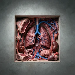 In the wall of a room one rectangular portal is opened to a new room, consisting of meat, capillaries, blue veins, lungs, blisters, kidneys, hearts, brains, vessels. Bodyhorror, wide angle shot, extremely high detail, 16k, 8k