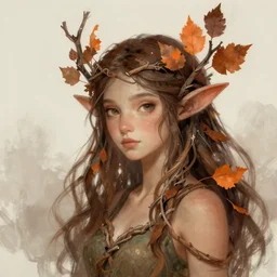 A beautiful digital painting of a Dryad with twigs, orange and brown leaves for hair, d&d, fantasy art, trending on artstation