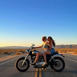 hd wallpaper, romantic couple on motorbike, road california desert, sunset, blue sky, award winning photo