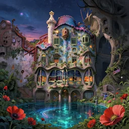 a beautiful very detailed anime illustration of architecture cave house abandoned nature unfinished building by antoni gaudi, retrowave elysian at night at dusk reclaimed by nature sci - fi magic realism lake galactic poppy universe steampunk made of glass nature scumm bar uv light fisheye dieselpunk, archdaily, wallpaper, highly detailed, trending on artstation.