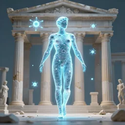 An abstract being made of floating atoms with a light blue glow, taking a shape of a human figure in an ancient Greek temple, artstation, cgsociety, 4k