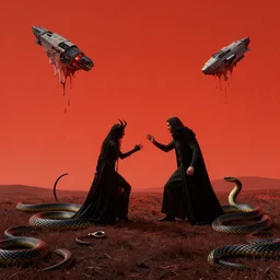 minimal & romantic approach to landscape art with a touch of surrealism, A demonic pact that tears your soul asunder, security rhox, cinematic, hyper realism, high detail, octane render, unreal engine, 8k, vibrant color, mage duel, Snakes, melting Spaceships!, by andrea chiampo and chet zar