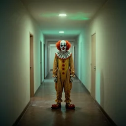clown standing in a hallway, 1 9 4 0 s architecture, surreal photography, symmetry, mid century, liminal space, soft lighting, creepy, horror, macabre, bioluminescence, annie leibovitz