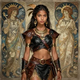 portrait of princess barbarian eastern amazon model young girl jodhpurs traveler, black brown lether, hyperborea, high fantasy, sargent, dnd, smooth, sharp focus, illustration, highly detailed, digital painting, artstation, concept art, by disney animation, rossdraws, alphonse mucha, frank fanzzeta