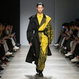 brutalist fashion incorporating black and yellow, fashion show, studio lighting