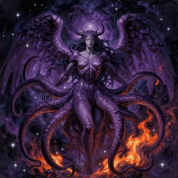 tentacles in universe, a god in wings, DARK PURPLE SCHEME, stars, FIRE,by studio ghibli painting,by Joaquin Sorolla rhads Leyendecker, by Ohara Koson and Thomas Kinkade