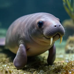 A medium, hybrid, bipedal amphibian with a manatee head, no ears, and a long jaw containing four sharp fangs