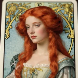 redhead woman, rococo and art nouveau, tarot card, highly detailed, deep focus, elegant, smooth, sharp focus, 8 k, artgerm, janis rozentals