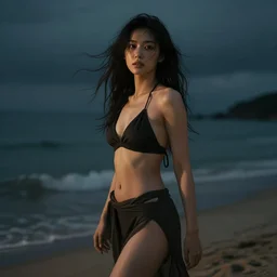 a photorealistic hyperrealistic, jade hsu, girl on the beach, beautiful dynamic dramatic low - light moody lighting, cinematic atmosphere, artstation, concept design art, octane render, 8 k