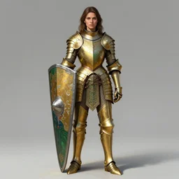 full body portrait of a female italian warrior medium length brown hair and a very highly detailed face wearing elegant golden plate mail armor painted with green green and white white accents, holding a rectangular tower shield, very highly detailed, artstation, cgsociety, realistic character concept art, sharp focus, by greg rutkowski, artgerm, and alphonse mucha