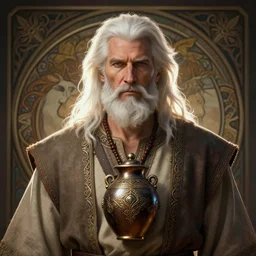 a man with white hair and beard, wearing nomadic clothing with a soul jar hanging from he's neck portrait, backlight, rim lighting, deep focus, d & d, fantasy, intricate, elegant, highly detailed, digital painting, artstation, concept art, matte, centered, sharp focus, illustration, hearthstone, art by artgerm, greg rutkowski and alphonse mucha