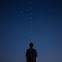 man looking at the pattern with little balls on the night sky