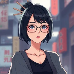 anime girl with short black hair and glasses, hair bun with chopsticks in it. stylized, beautiful lineart, depth focus, rankings pixiv, artstation, soft lighting, srgb, 4 k artstation, cinematic, by kadokawa, nitroplus, ilya kuvshinov, ross tran, leyendecker, wlop guweiz