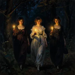 darkness, beautiful young ladies holding candles walking through the dark woods in the night art by anders zorn, wonderful masterpiece by greg rutkowski, beautiful cinematic light, american romanticism thomas lawrence, artgerm, mucha, greg rutkowski