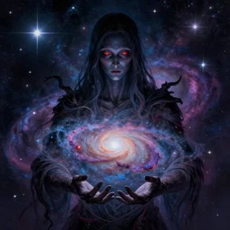 a lovecraftian mysterious cosmic entity holding a galaxy between its arms in a silent universe, digital painting, colourful, detailed stars,