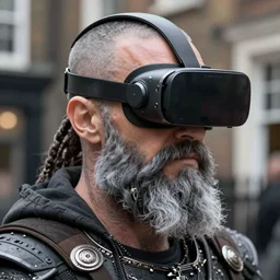 a grey bearded viking cyborg wearing a vr headset, shoreditch, real life skin, intricate, highly detailed, artstation, concept art, smooth, sharp focus, art by artgerm and greg rutkowski