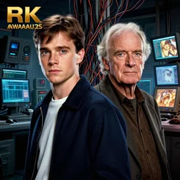 hyperrealist portrait of marty mcfly and doc emmett brown, it is decorated with long wires and computer monitors in the cyberpunk office background. by jeremy mann and alphonse mucha, fantasy art, photo realistic, dynamic lighting, artstation, poster, volumetric lighting, very detailed faces, 8 k, award winning