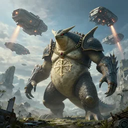 highly detailed elden ring portrait photo of a huge metagross in a scenic dystopian environment. a fleet of even bigger massive spacecrafts lift off in the background, starting engines nitro jet drive, hyperrealistic illustration by william didier - pouget